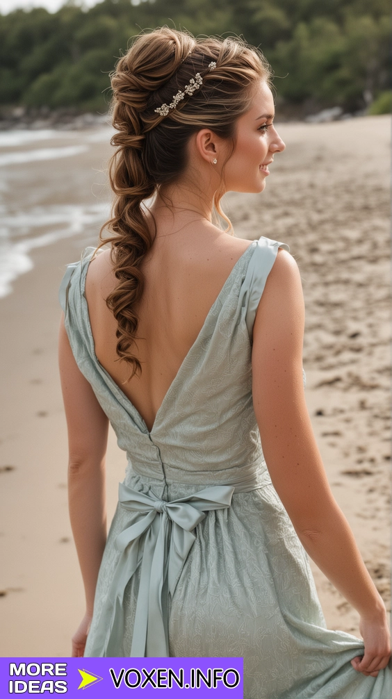 Beach bridesmaid hair concept with braids and flowers for a seaside wedding Bridesmaids with beachy waves and sun-kissed hair styled in loose updos