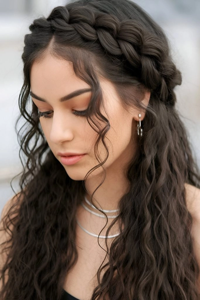 Beach crown braid style with soft waves and natural texture perfect for a seaside look Woman showing a beach crown braid with loose, wavy strands and subtle floral details along the crown