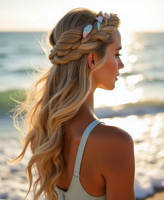 Crown braid hairstyle for beach days - bohemian braided updo with salt spray texture Boho beach crown braid with loose waves and wispy face-framing pieces