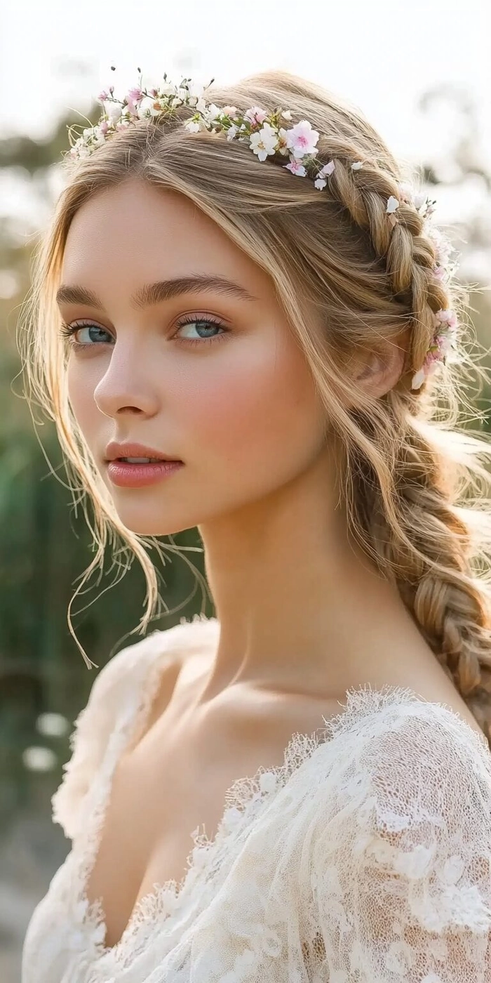 Beach crown braid with tousled texture and floral accents Beach crown braid styles featuring loose waves and flowers
