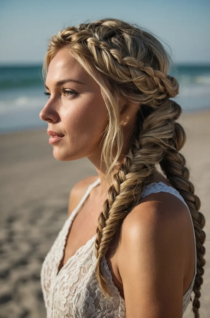 Side-swept beach fishtail braid with loose waves for a carefree summer look