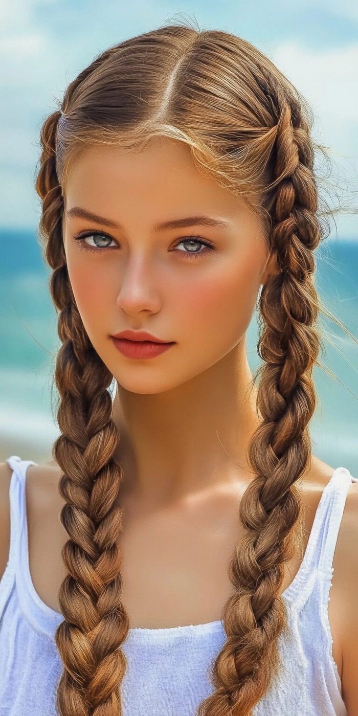 A beach french braid cascading over sun-kissed shoulders with soft, windswept strands framing the face