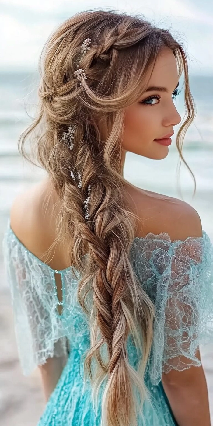 Woman with a loose French braid flowing in ocean breeze at golden hour beach