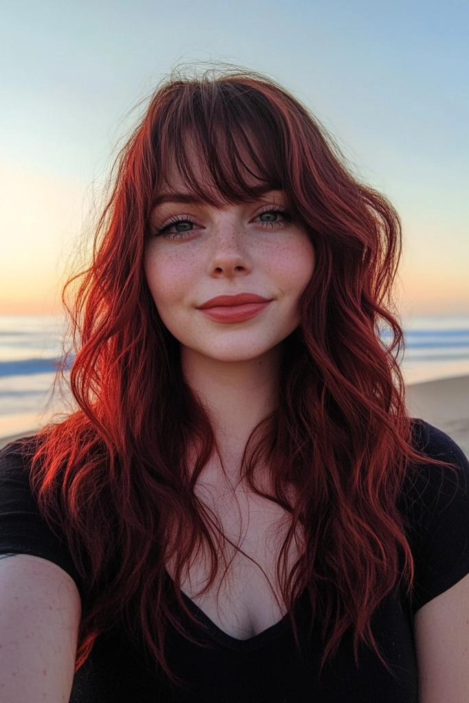 Soft red hair tousled by ocean breeze at sunset