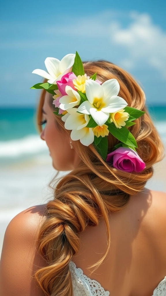 Golden embellished beach hairstyle for a seaside glam look Beach waves with delicate gold leaf accents cascading through sun-kissed hair