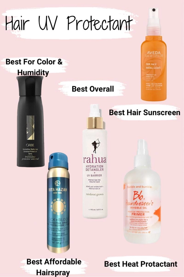 Beach hair humidity protection products displayed on a sandy towel with ocean in background