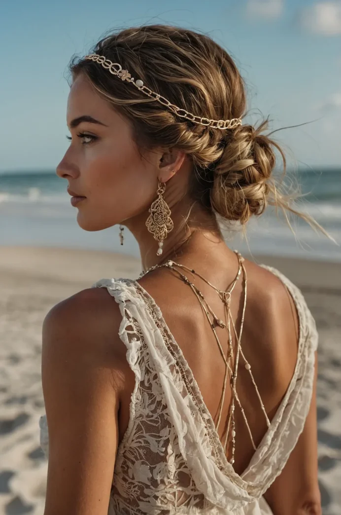 Beach hairstyle featuring minimalist metal cuffs accessories Beach hair styled with minimalist metal cuffs