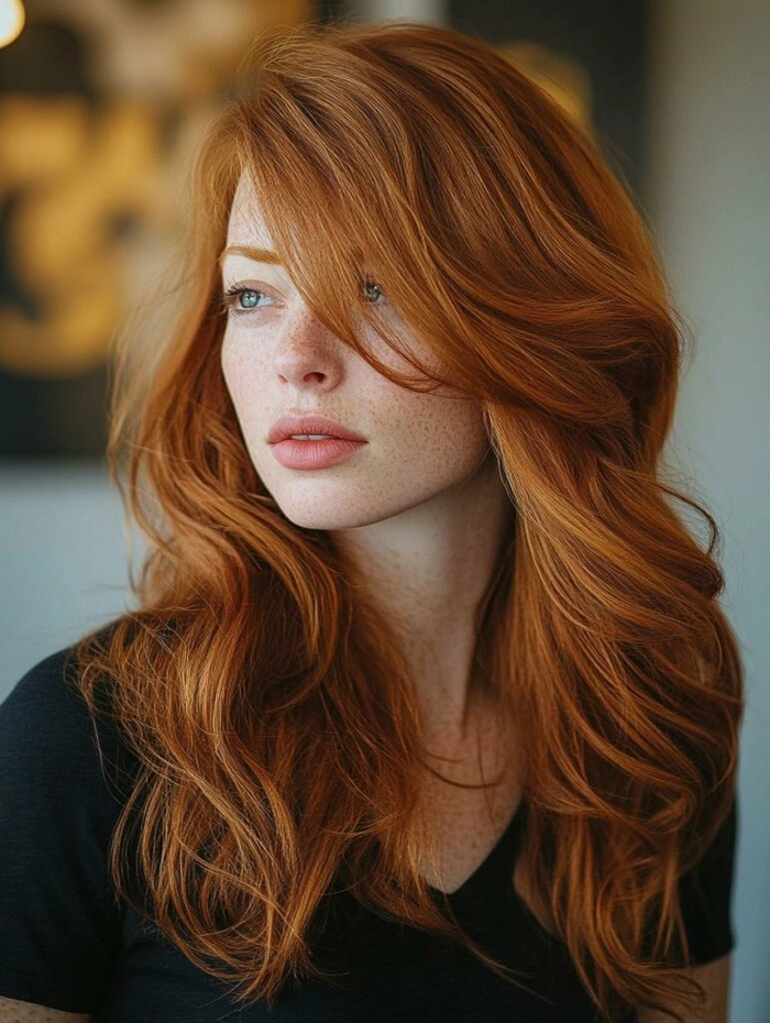 Red-haired woman with tousled beach waves and soft highlights, smiling in coastal sunlight