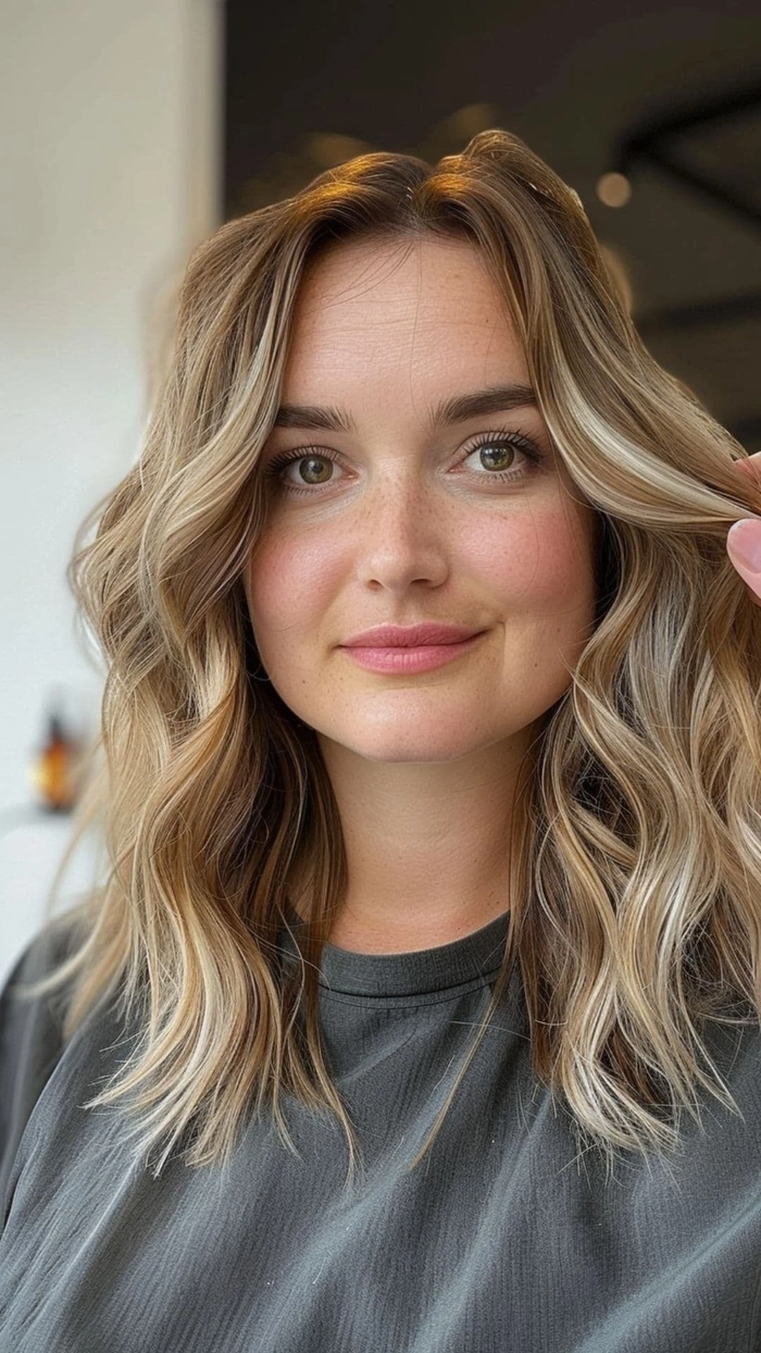 Woman with round face and voluminous beach waves that add height and frame the face
