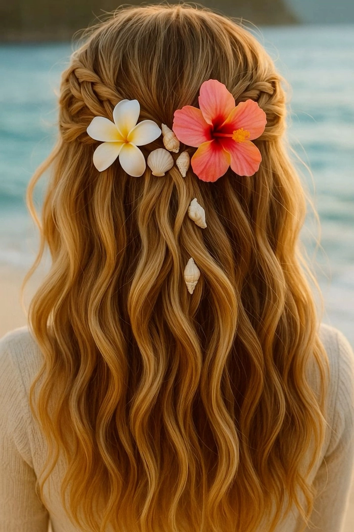 Beach hair with fresh tropical flowers cascading from a side braid