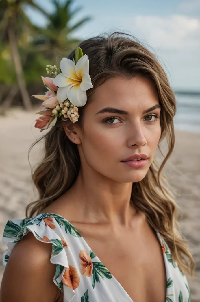 Beach hairstyle with fresh tropical flowers woven through sun-kissed waves