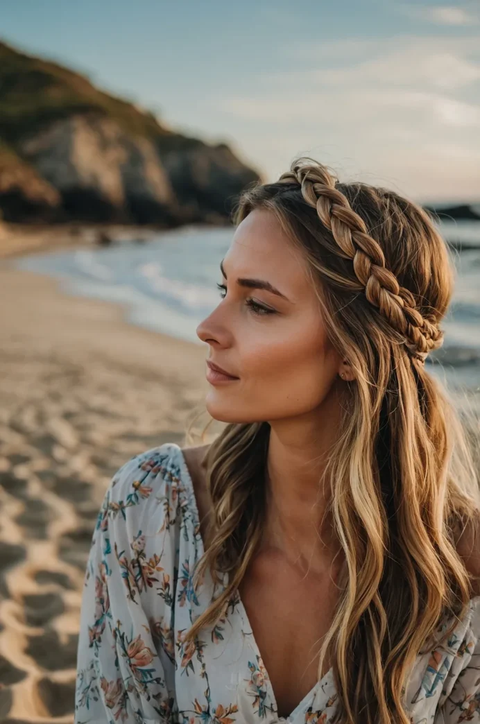 Effortless summer beach hair adorned with a woven headband Beach hairstyle with woven headbands featuring loose waves and a bohemian vibe