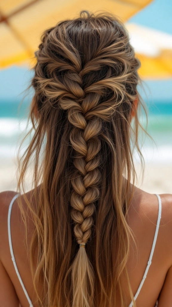 Beach hairstyle featuring woven headbands for a relaxed summer vibe Woman's beach hair styled with a woven headband, casual seaside look