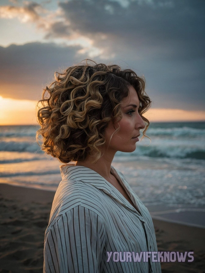 Naturally curly hair beach hairstyle with flowing waves