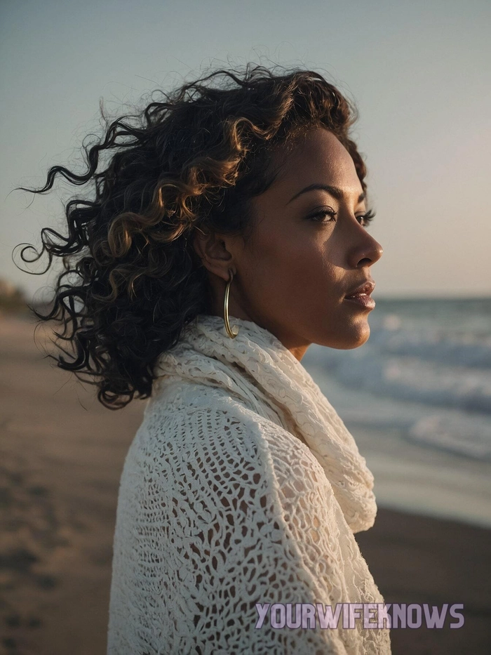 Naturally curly hair styled in a beachy half-up style with soft waves and subtle braids