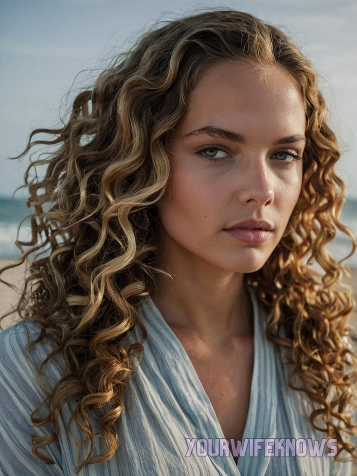 Natural beach hairstyle for curly hair with tousled waves and a relaxed vibe