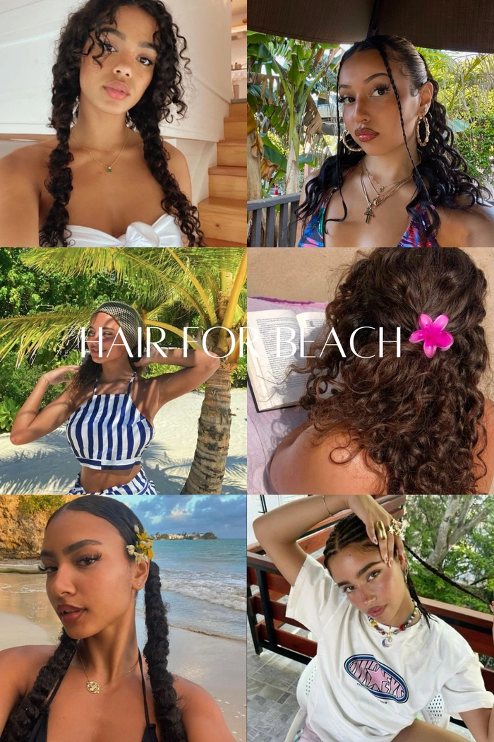 Naturally curly beach hairstyle with tousled waves and sea spray