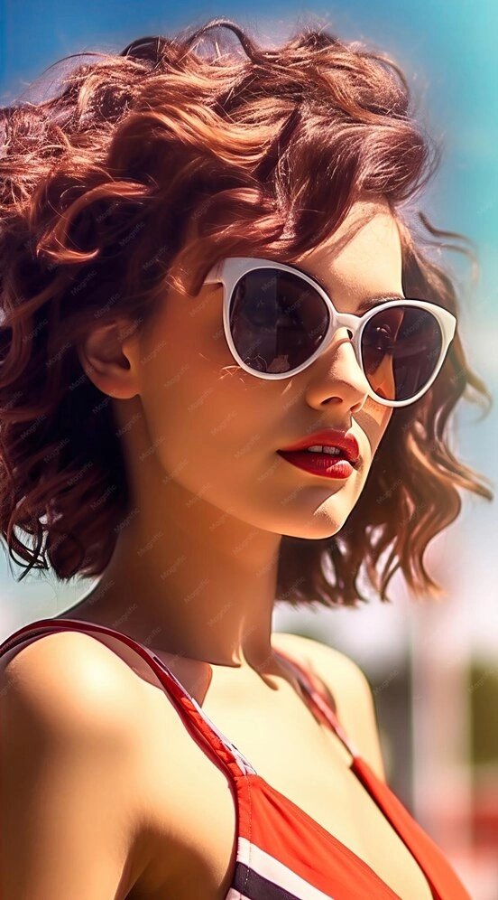 Beach hair swept back under stylish sunglasses at the seaside