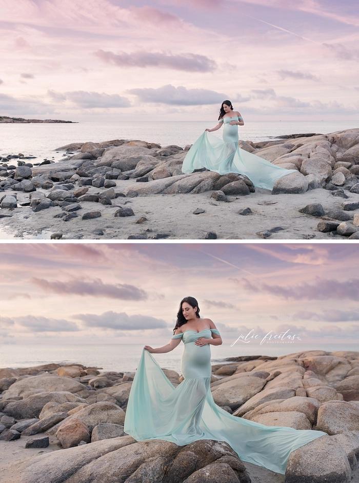 Beach maternity session hair inspiration for expecting mothers Maternity beach photoshoot with flowing hair styled in loose waves