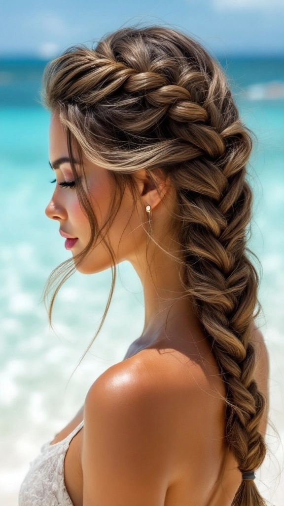 Soft beach side braid with loose waves and subtle flower accents