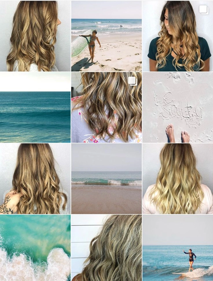 Woman with bleached beach waves applying leave-in conditioner for sun protection