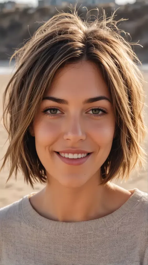 Woman with a wavy bob haircut smiling at the beach, wind blowing through her hair