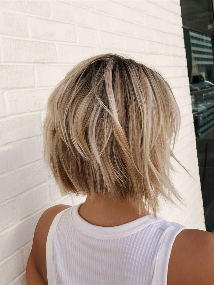 A woman with a textured bob haircut enjoying a sunny beach day