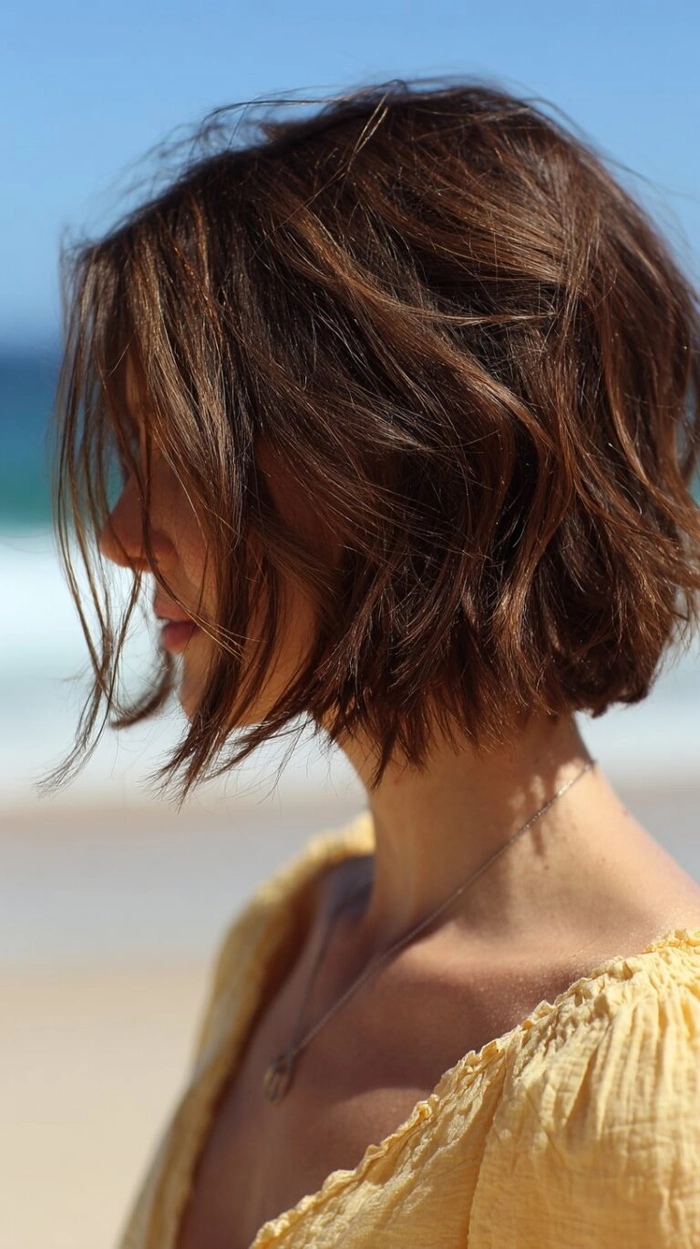 Bob cut hairstyle blowing in the ocean breeze on a sunny beach