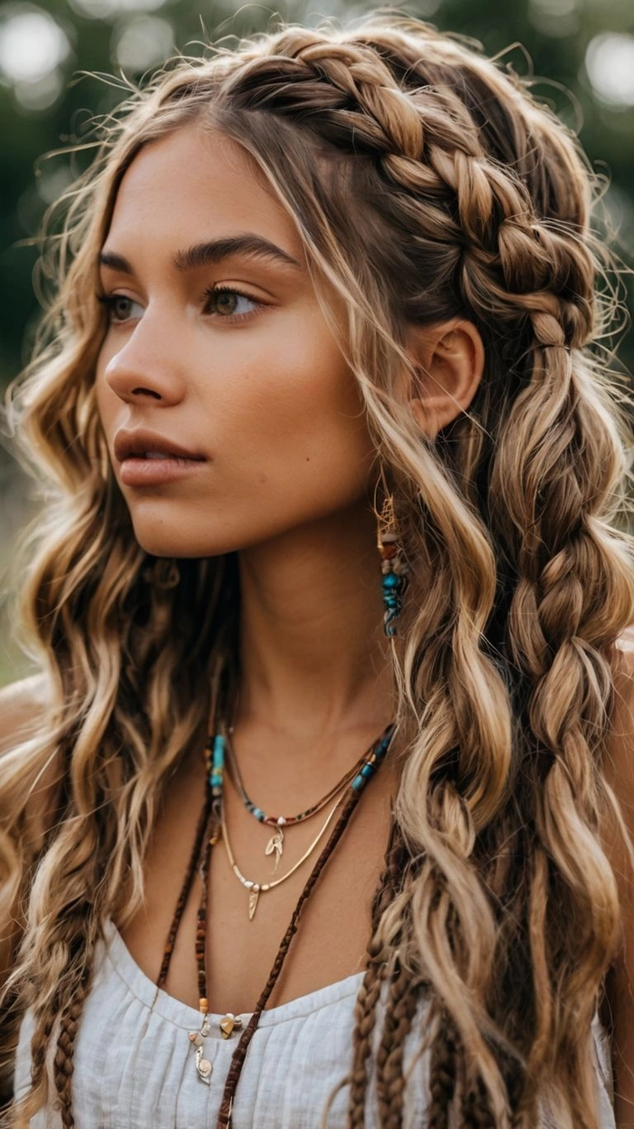 Waves cascading with salt-kissed texture and messy braids framing a sunlit face