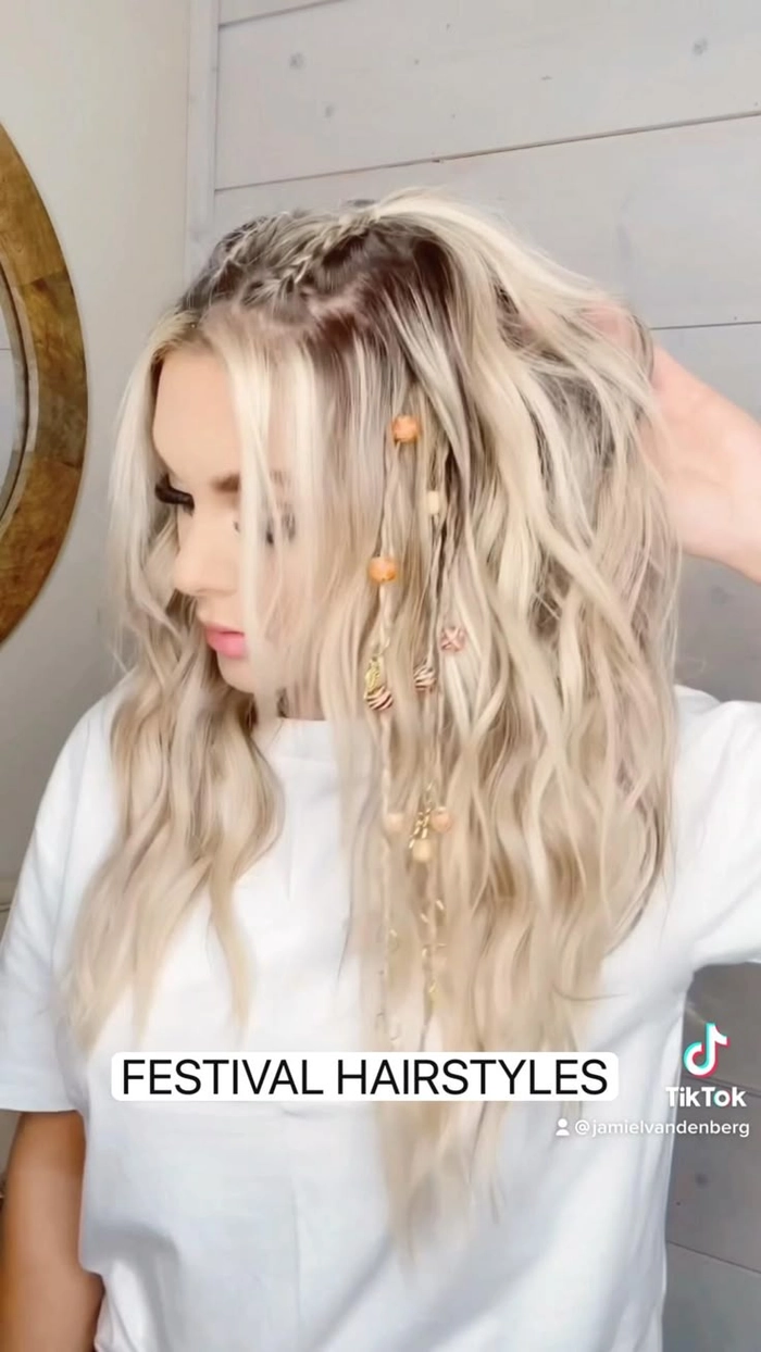 Boho beach hairstyle with braids and waves for festival