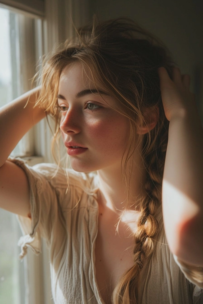 Braiding Damp Hair for Beach Waves Tutorial Woman braiding damp hair to form loose beach waves