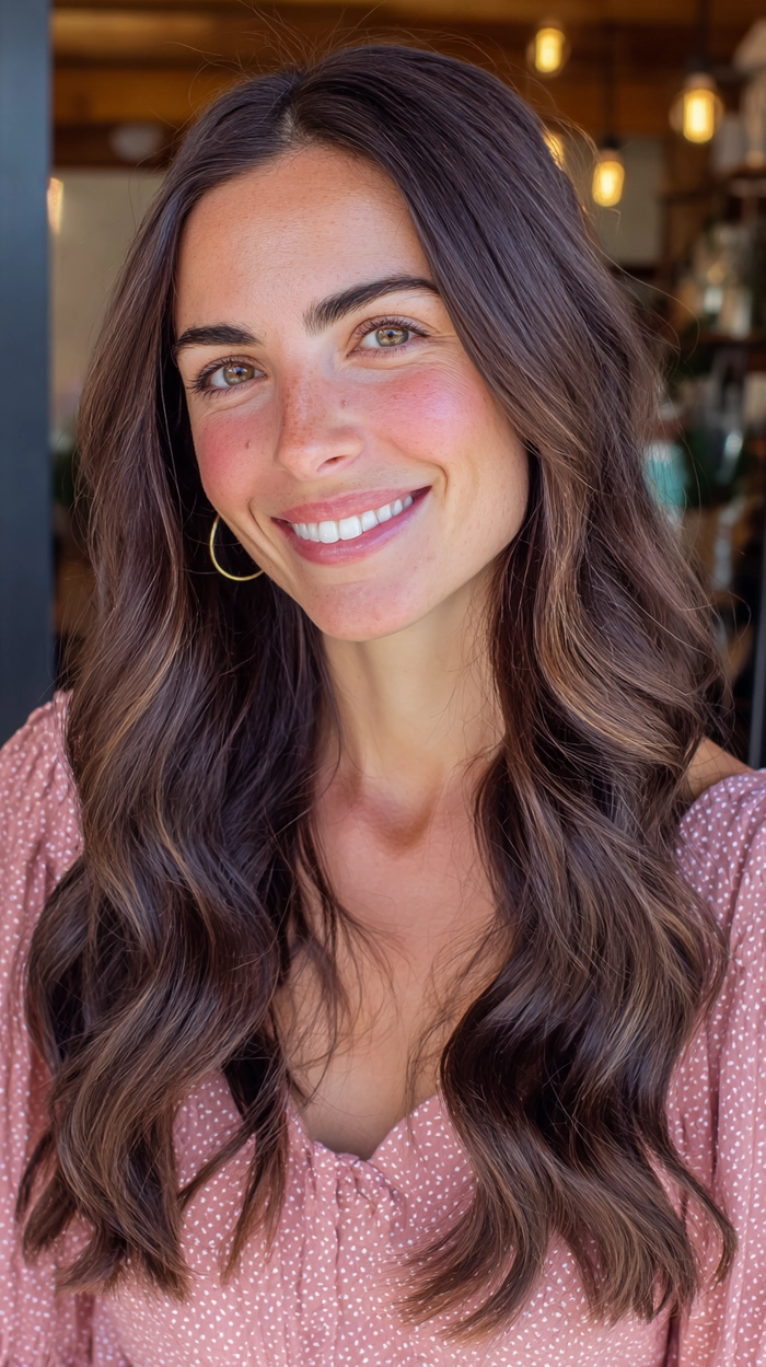 Brunette model displaying beach waves with defined dimension and volume