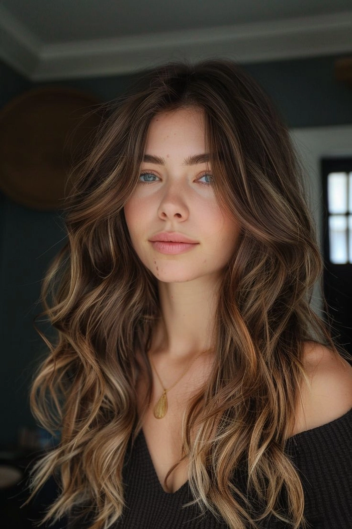 Brunette beach waves with voluminous dimension in a seaside setting