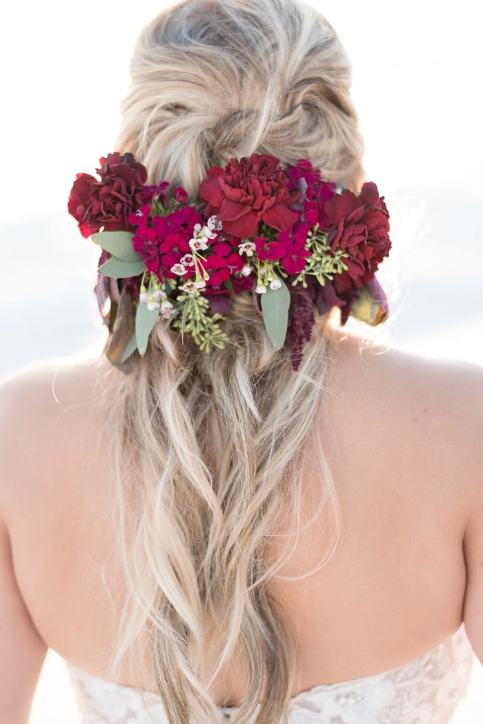 Destination Wedding Beach Hair Style Eight Bride with flowing beach waves wearing a floral crown at sunset wedding