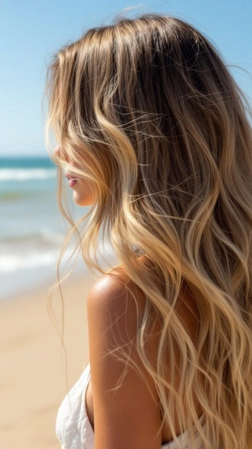 Woman with tousled, wavy hair blowing lightly in the ocean breeze
