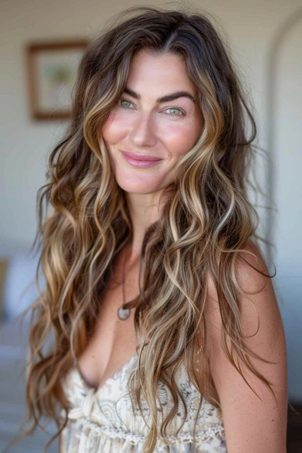 Woman with tousled beach waves and a relaxed smile at the shoreline
