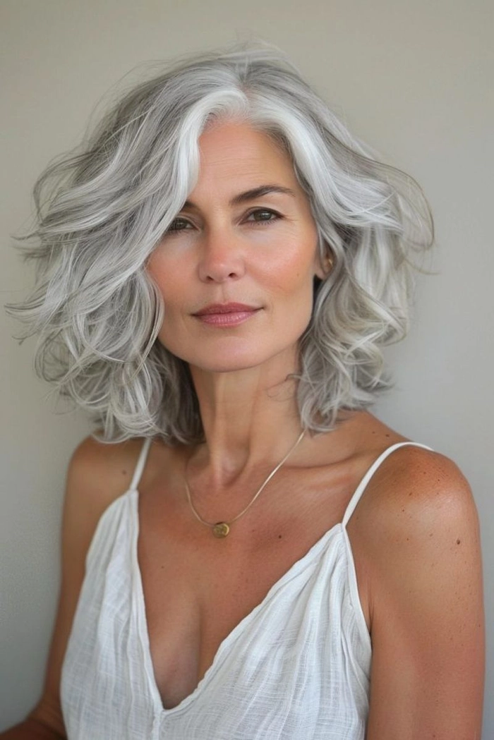 Elegant silver-haired woman with soft beach waves at sunset