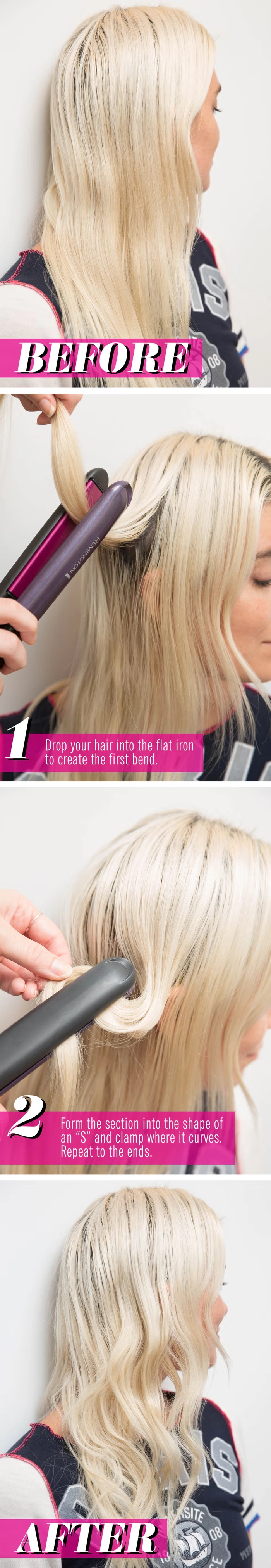 Applying flat iron to create soft beach waves in blonde hair