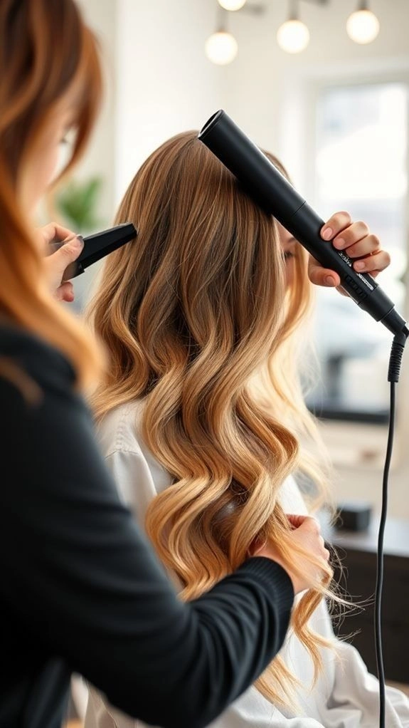 A woman using a flat iron to create loose beach waves in her hair