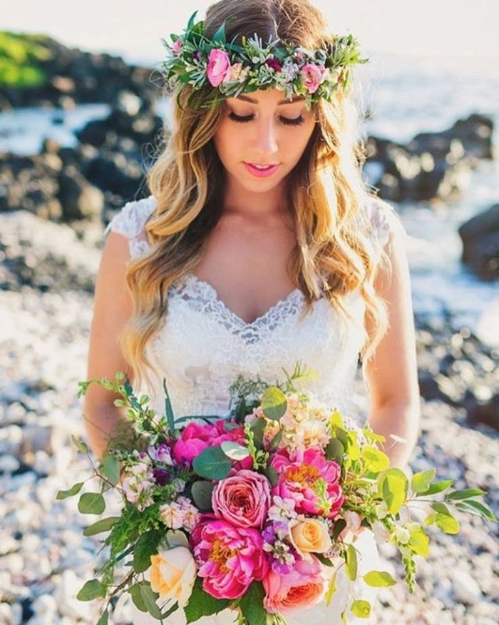 Bohemian floral crown beach hair styling with soft waves