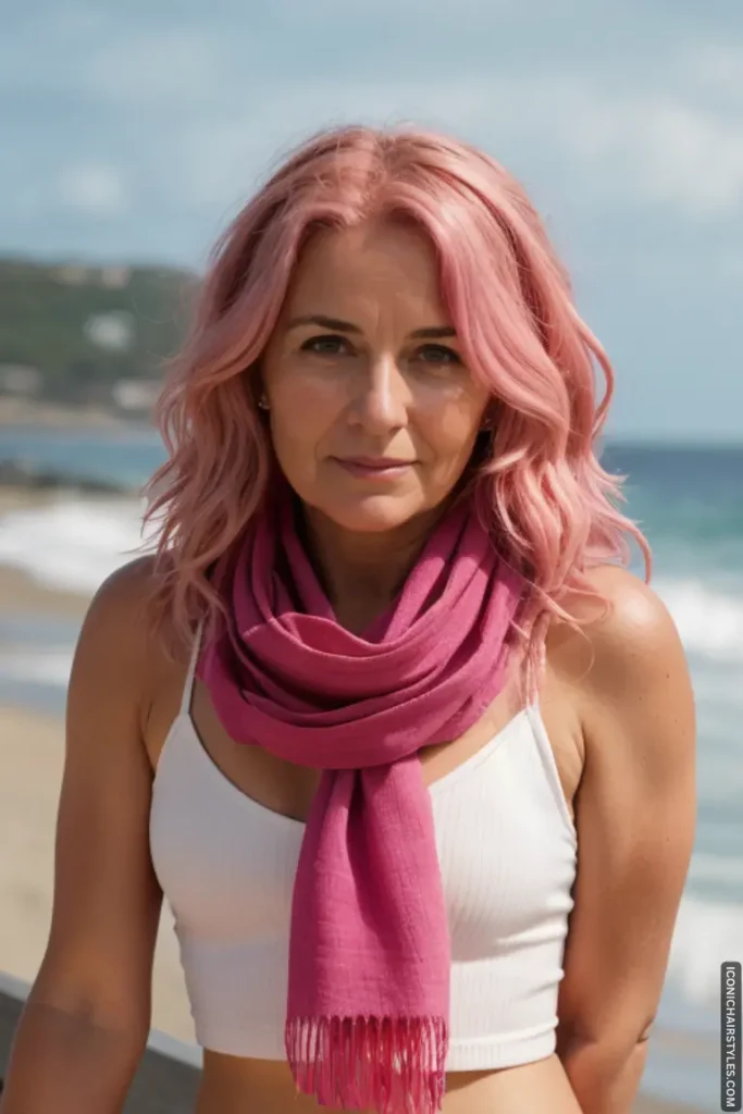 A woman with glamorous beach wave hairstyle looking effortlessly chic by the shore