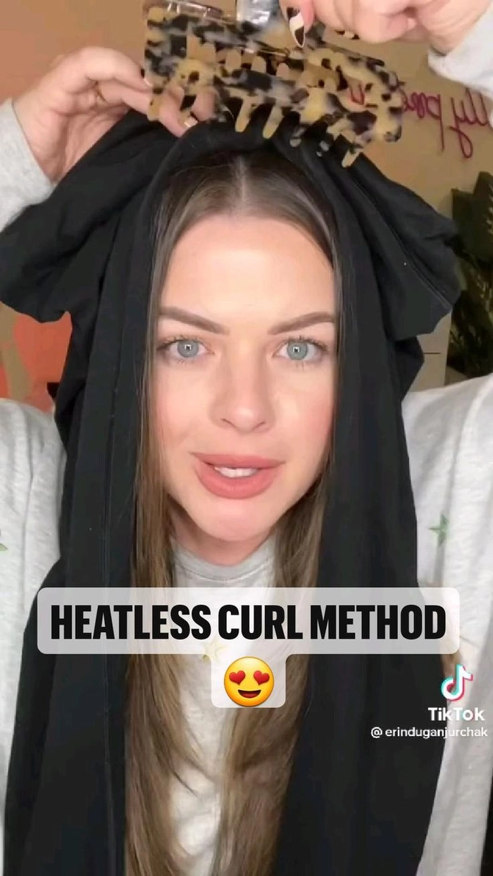 Step-by-step heatless beach curl method using a robe belt to create no-heat waves Woman with heatless beach curls, hair wrapped in fabric overnight for soft waves