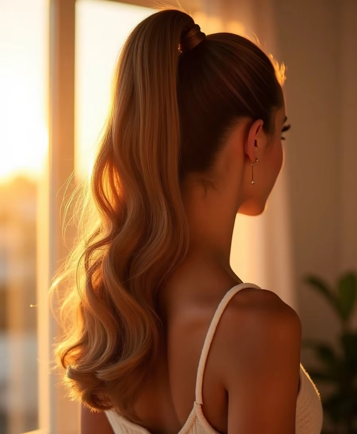 Woman with a high beach ponytail showcasing messy waves and trendy hair accessories