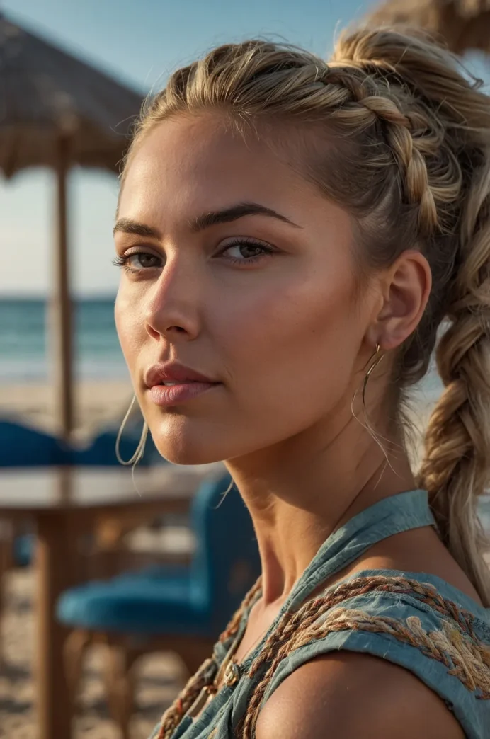 Sleek high beach ponytail with tousled waves and a braided wrap