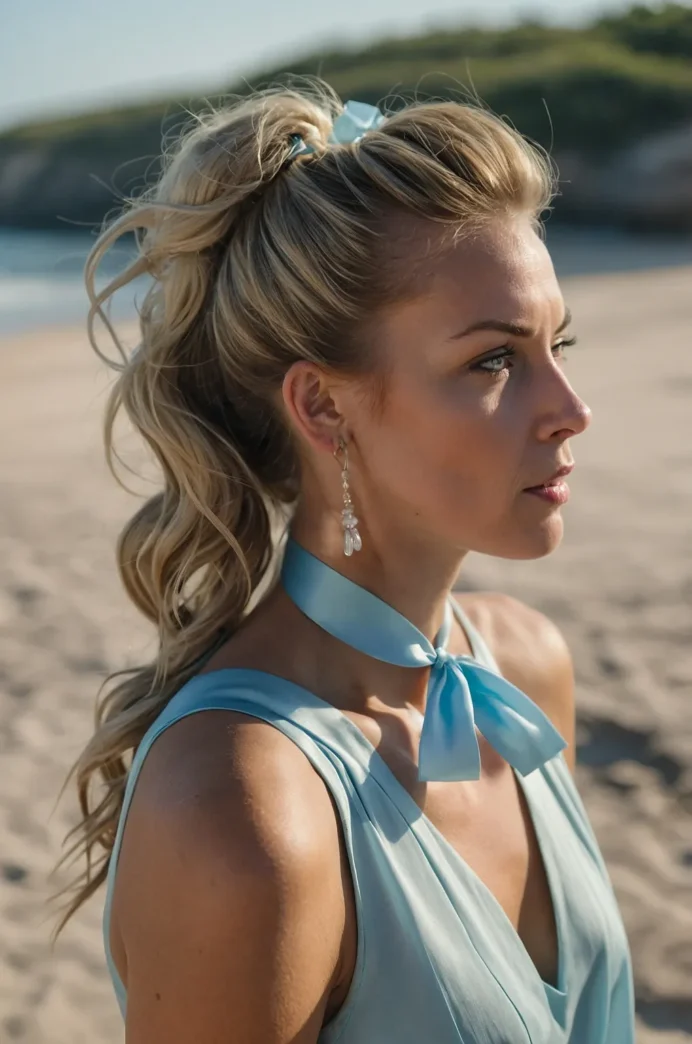 Trendy high beach ponytail hairstyle with waves and volume for a summer beach look