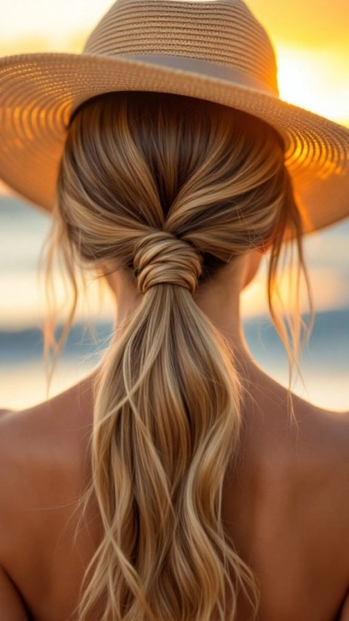 Woman showing off trending high beach ponytail with subtle waves and casual elegance