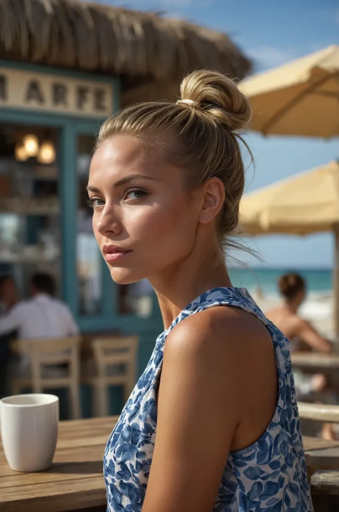 A woman with a high beach ponytail, wavy and sun-kissed, perfect for summer styling