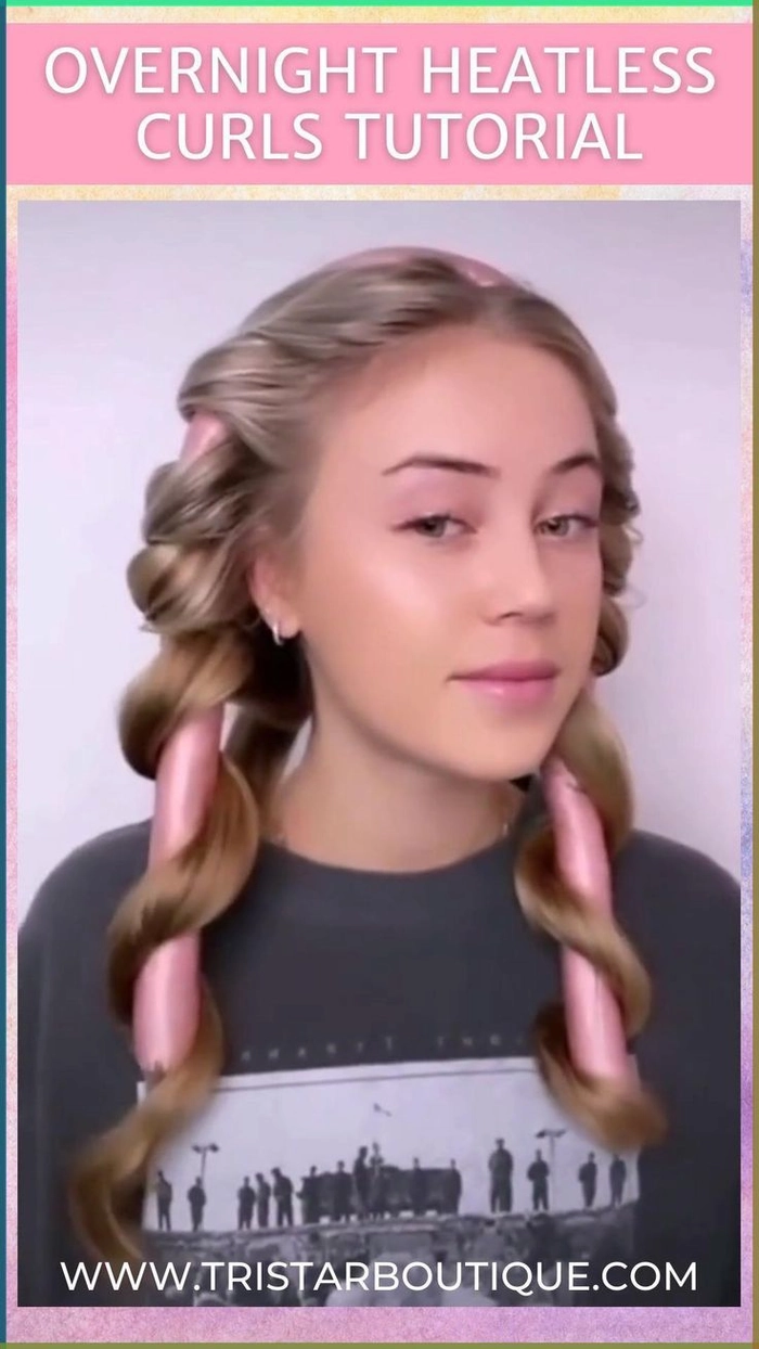 Heatless beach curl method: fabric wrapping technique for effortless beachy waves Woman with heatless beach curls using soft fabric strips overnight for natural waves