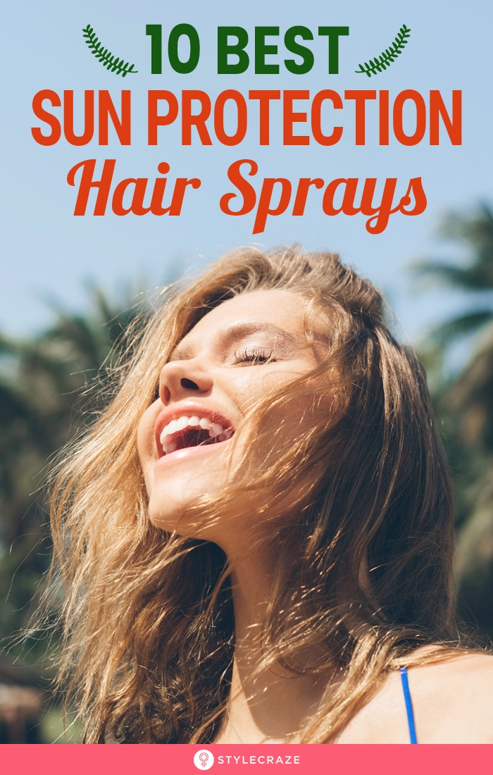 Protective Hair Spray for UV Defense on Sunny Beach Days Woman spraying UV protection hair product on beach waves with ocean in background