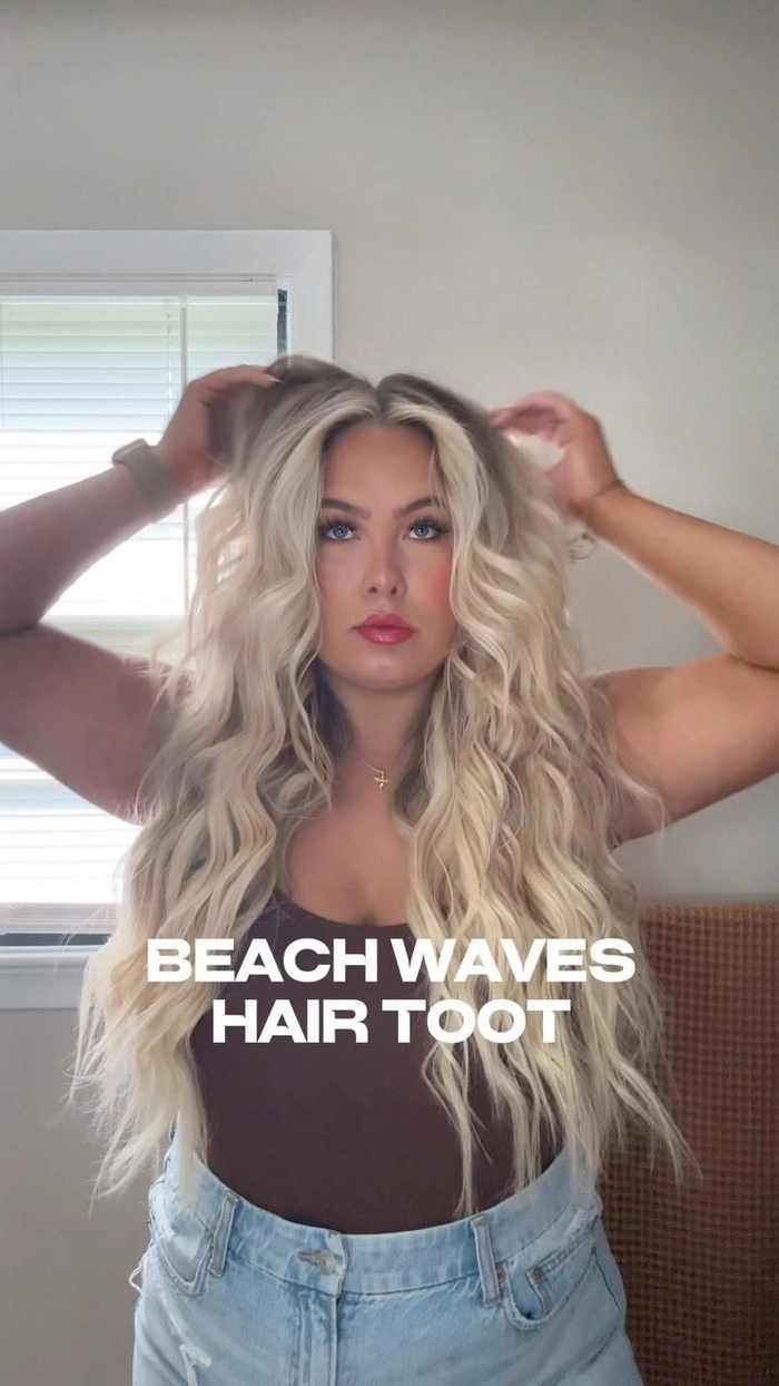 Quick 5 Minute Beach Hair Fix: Effortless braided style for sandy strands Woman with messy beach waves secured by a quick 5 minute braided hair fix